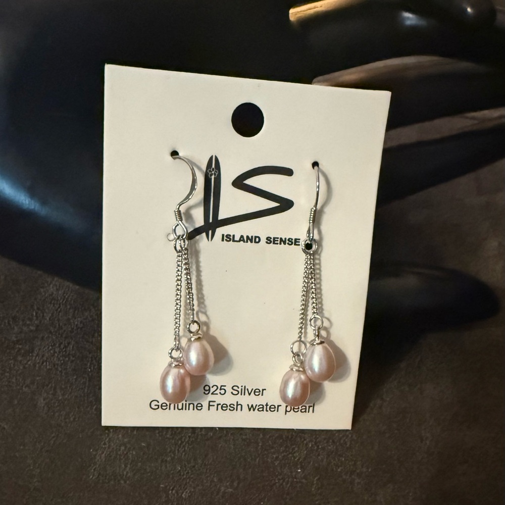 Silver and Pink Pearl Drop Earrings by Island Sense (.925 Silver)